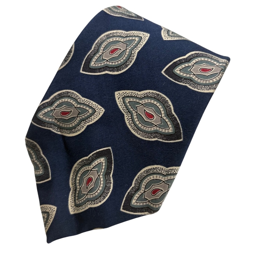 Oscar‎ de la Renta Couture Navy Blue Geometric Medallion Silk Necktie 58x3.75"